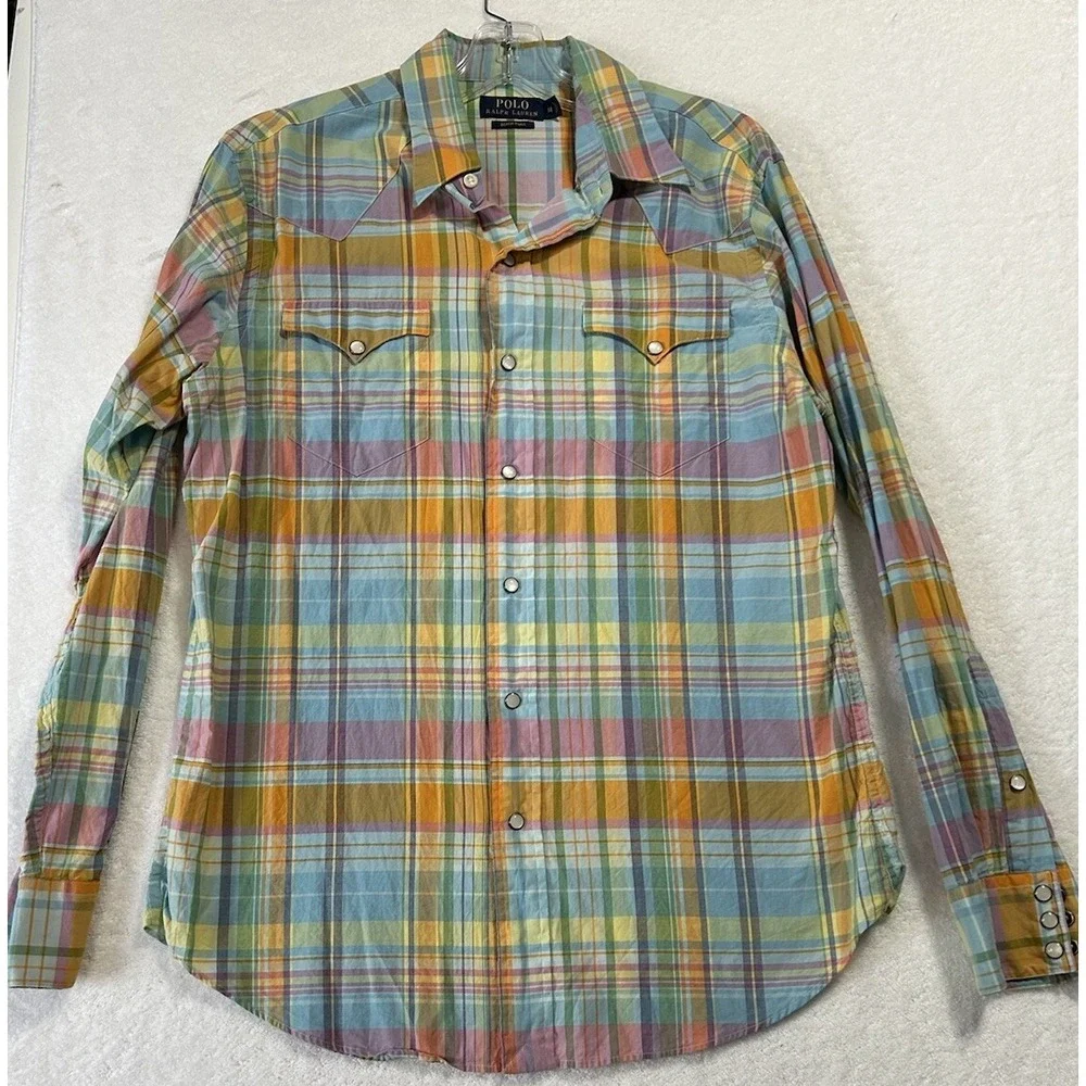 Polo Ralph Lauren Mens Size M Blue Beach Twill Log Sleeve Pearl Snap Shirt (K7)